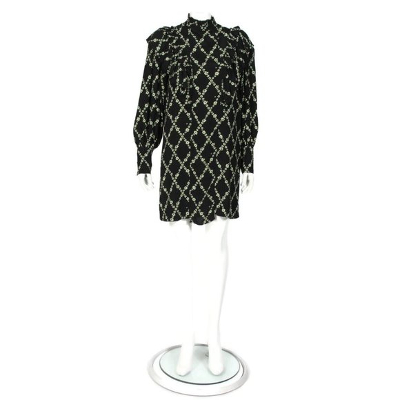 NWT GANNI Crepe Floral Print Mini Dress in Black Margarita Ruffle  sz 36 /655 - Picture 4 of 10